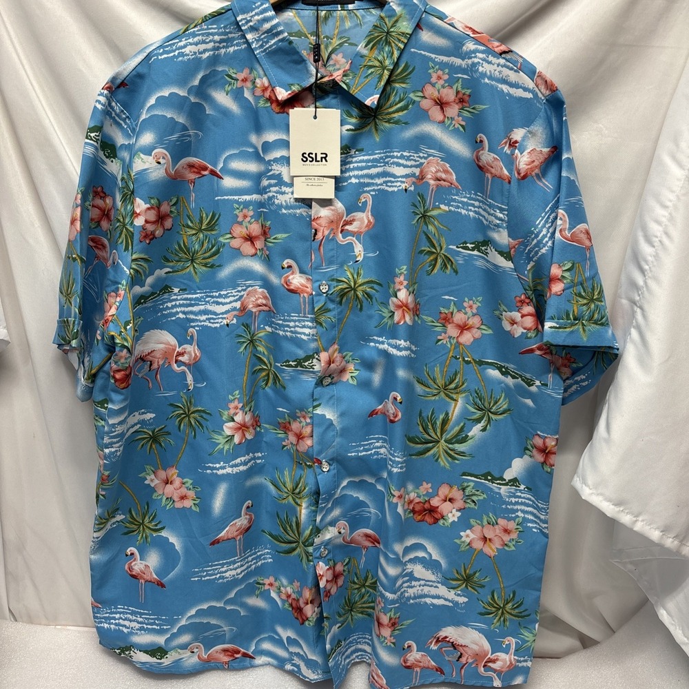 Hawaiian Mens 2XL Blue Palm Tree Print Short Sleeve‎ Button Up Shirt Tropical